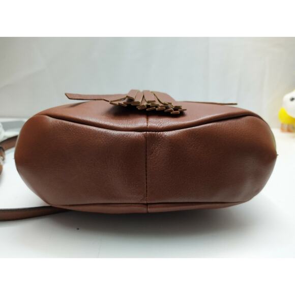 B. Makowsky Brown Leather Pocket Drawstring Tassel Crossbody Bag - Picture 8 of 13